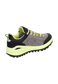 Grau und schwarze Wanderschuhe mit gelben Akzenten, strukturiertem Wildleder- und Mesh-Obermaterial, gemusterten Seiten, gepolstertem Kragen und robustem schwarzen Außensohle.