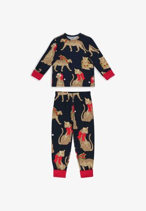 Children's two-piece navy blue pajamas with long sleeves and pants featuring tan cheetahs wearing red scarves, Santa hats, and green wreaths.