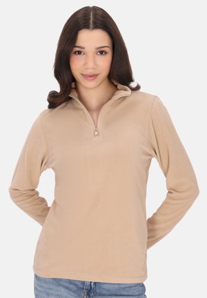 Ljusbeige fleece-pullover med halvdragkedja, långa ärmar och en mjuk yta. Avslappnad passform utan mönster eller dekorationer.
