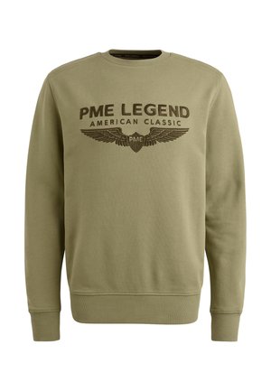Olive green sweatshirt made of soft fabric, featuring a crew neck, ribbed cuffs, and a bold graphic print with wings and text on the front.