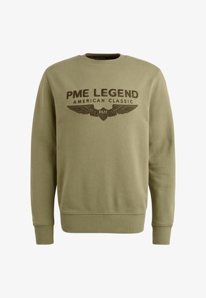 Olive green sweatshirt made of soft fabric, featuring a crew neck, ribbed cuffs, and a bold graphic print with wings and text on the front.