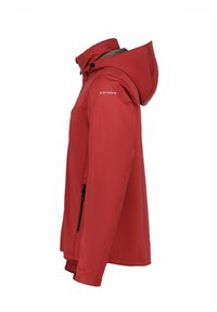 Giacca softshell impermeabile rossa con cappuccio, tasca laterale con zip, polsini regolabili e logo "ICEPEAK" sul braccio superiore.