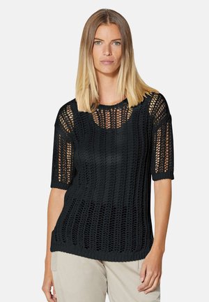 Schwarzer gestrickter Kurzarm-Pullover mit lockerer Passform, der ein strukturiertes offenes Webmuster und Rippakzente am Ausschnitt und den Ärmeln aufweist.