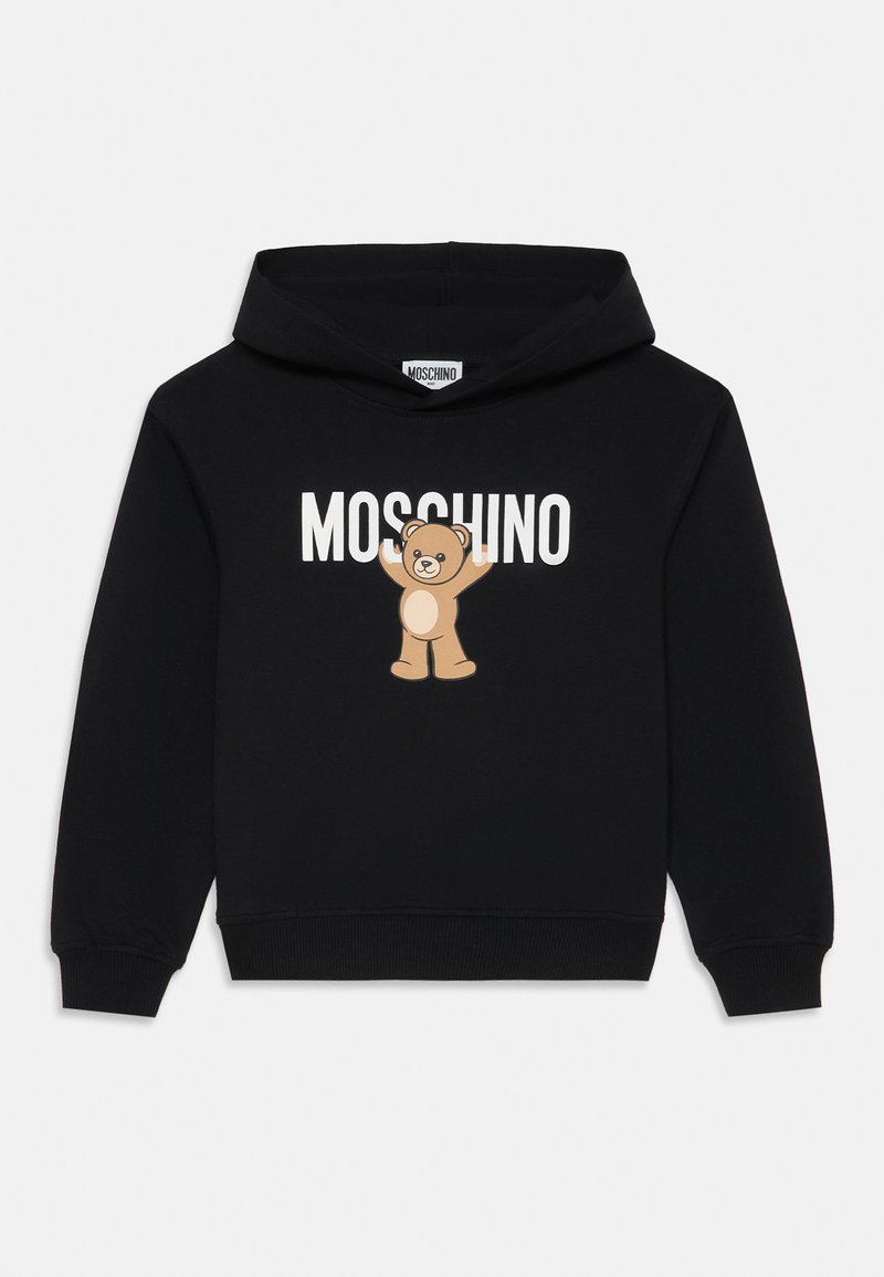 Hoodie noir avec un design de ours en cartoon ayant les bras levés et le mot "MOSCHINO" imprimé en blanc. Fabriqué en tissu doux avec une coupe décontractée.