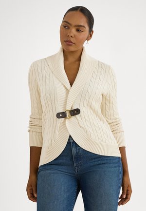 BUCKLE-TRIM CABLE SHAWL-COLLAR CARDIGAN - Cardigan - mascarpone cream