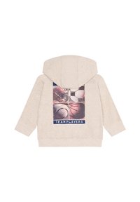 Felpa grigia chiara con una grande grafica sul retro che presenta palloni sportivi e il testo "TEAMPLAYERS". Tessuto morbido, maniche lunghe e cappuccio.