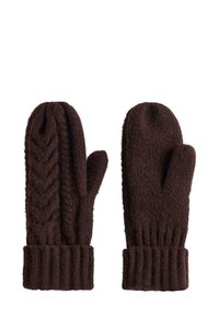 O pereche de mănuși tricotate maro închis cu manșete ribed, o mănușă are un model de tricotat în formă de chevron, cealaltă are o textură simplă.