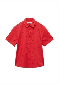 Röd kortärmad skjorta med en knapp-up krage och ett subtilt svart palmer mönster genom hela. Tillverkad av ett lättviktig material.