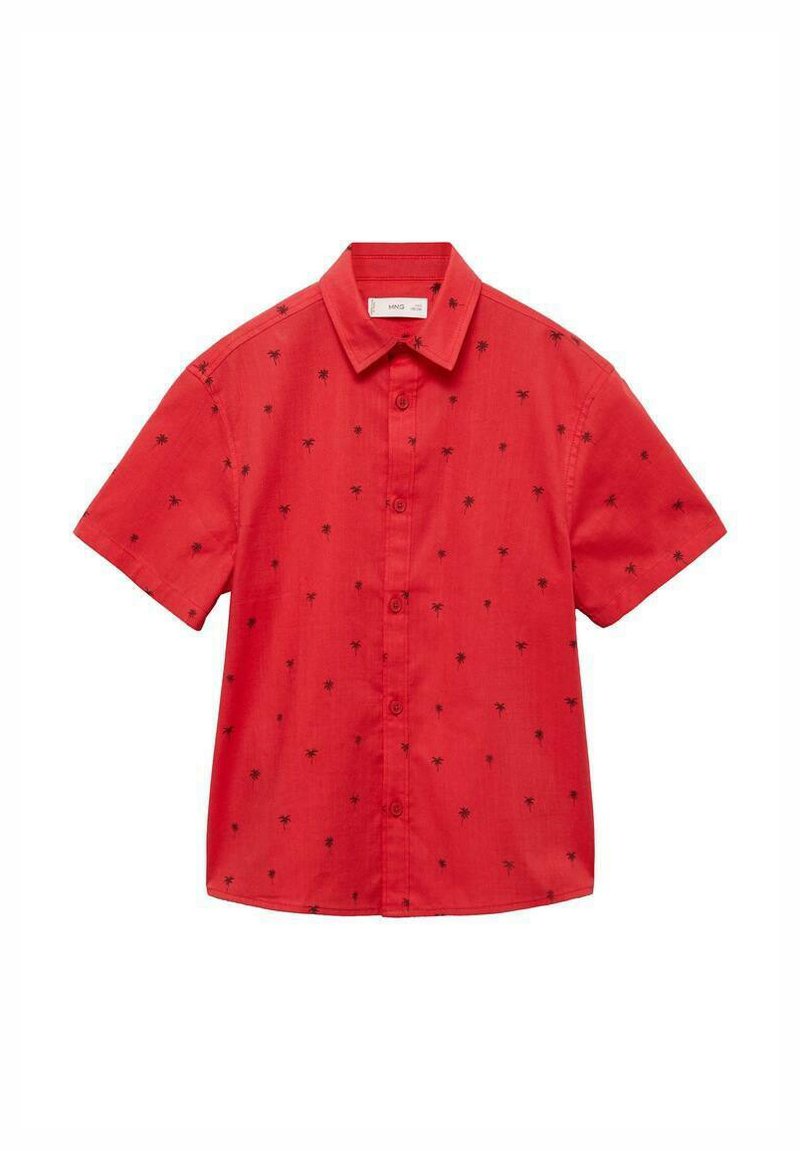 Röd kortärmad skjorta med en knapp-up krage och ett subtilt svart palmer mönster genom hela. Tillverkad av ett lättviktig material.