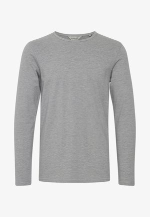 Ilga rankovė pilka marškinėliai, pagaminti iš minkštos medžiagos, su apvaliu iškirpimu ir paprastu, be siūlių dizainu. Nėra matomų raštų ar akcentų.