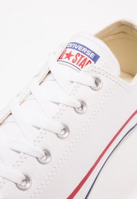 Baskets blanches Converse All Star avec lacets blancs, œillets métalliques et bande rouge et bleue sur la semelle visible en gros plan.
