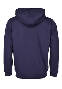 Marineblå hoodie i tekstureret stof med snor i hætten, lange ærmer samt ribbet manchetter og kant. Enkel, ensfarvet design.