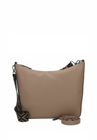 Beige Leder-Schultertasche mit glatter Textur, lässiger Form, schwarzen Akzenten und einem gemusterten Tragegurt. Mit Reißverschluss oben geschlossen.