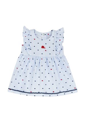 Abito a righe azzurro chiaro con maniche arricciate, caratterizzato da pois rossi e blu navy e ricamo di una balena rossa. Rifinito con un bordo a zig-zag blu navy.