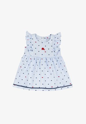 Lichtblauwe gestreepte jurk met ruffle-mouwen, voorzien van rode en marineblauwe stippen en een rode walvisborduring. Afgewerkt met een marineblauw ric-rac trim.