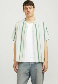 Camicia a maniche corte in tessuto leggero con strisce verticali verdi e bianche, design con bottoni sul davanti e vestibilità rilassata. Indossata sopra una maglietta bianca.