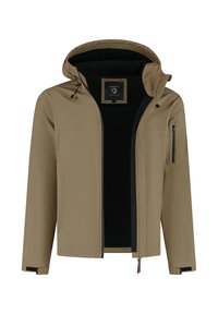 Khaki jack met een capuchon, voorzien van een ritssluiting aan de voorkant, zijzakken en een gestructureerde afwerking. Zwarte voering en accenten op de manchetten en kraag.
