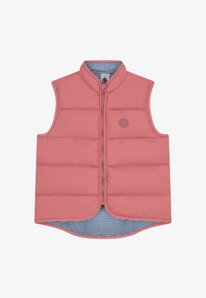 Gepolsterte Weste aus weichem rosa Material, mit einem Frontreißverschluss und einem gestreiften Innenfutter. Abgerundeter Saum und Logo-Detail auf der Brust.