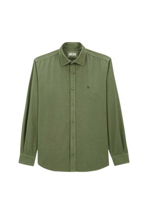 Chemise verte à manches longues en tissu texturé avec une fermeture à boutons sur le devant, un col pointu et un petit logo sur la poitrine gauche.