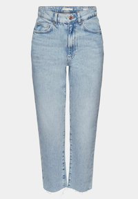 Jean en denim léger bleu clair, taille haute, avec une jambe droite, un ourlet brut et deux poches avant. Dispose d'une fermeture à bouton classique et de poches arrière.