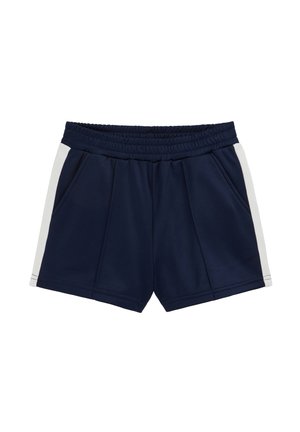 Tengerészkék sport rövidnadrág rugalmas derékrésszel és fehér oldalsávokkal, elülső zsebekkel.