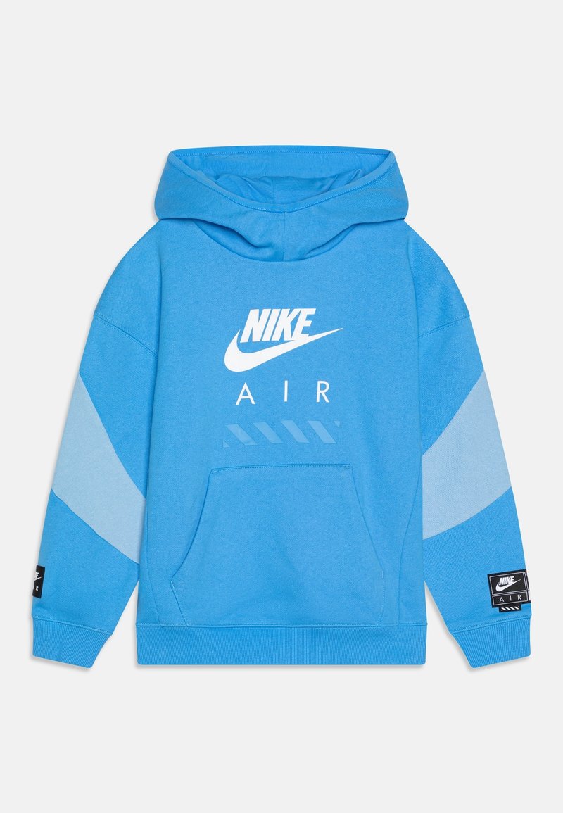 Haut à capuche Nike bleu clair avec une poche sur le devant, un logo blanc et des rayures diagonales bleu clair sur les manches. Tissu doux avec des poignets côtelés.