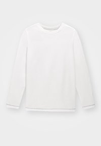 Weißes Langarm-T-Shirt aus weichem Stoff, mit rundem Halsausschnitt, geradem Schnitt und kontrastierenden Nähten entlang dem Saum und den Ärmeln.