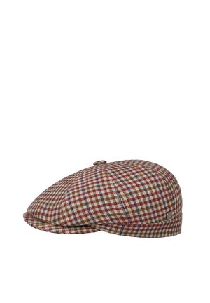 Flat cap with buttoned top, featuring red, brown, blue, and beige plaid pattern, shown from a side angle on white background.