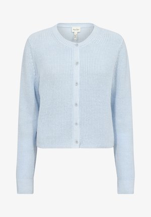 Light blue knitted cardigan with long sleeves and a round neckline, featuring a front button closure and ribbed cuffs.
