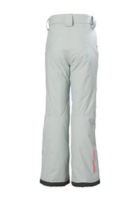 Světlé šedé lyžařské kalhoty s volnějším střihem, vyrobené z odolného materiálu. Obsahují opasek v pase a černé prvky na spodním lemu.