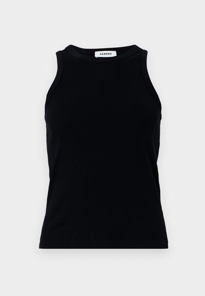 Débardeur noir à côtes avec un col rond et de larges bretelles. Ne présente ni ornements ni motifs. Texture lisse.