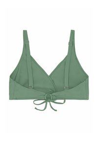Bralette triangolare verde con spalline regolabili, dettaglio legato davanti e finiture in argento. Tessuto morbido ed elastico.
