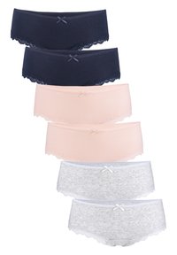 Set of four women's hipster lingerie briefs. Features include soft fabric, lace trim, and ribbon accents in navy, pink, and gray colors.