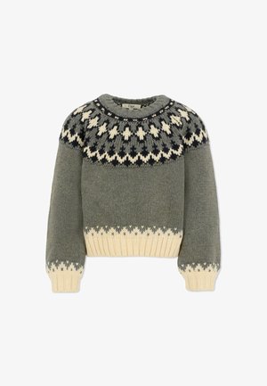 Szary sweter dzianinowy z okrągłym dekoltem i wzorzystą wstawką w granatowym i kremowym kolorze. Posiada ściągacze przy mankietach i u dołu, krótki krój oraz fakturowane wykończenie.