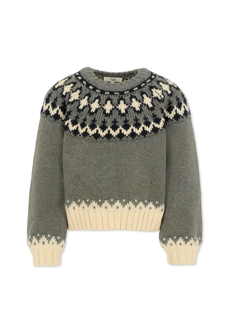 Maglione grigio lavorato a maglia con collo rotondo e giromanica decorati in blu navy e crema. Presenta polsini e orlo a coste, design cropped e finitura testurizzata.