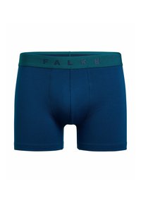 Blaue Baumwoll-Boxershorts mit einer glatten Textur und einem kontrastierenden dunkelgrünen Bund, auf dem der Markenname "FALKE" in dunkler Schrift zu sehen ist.