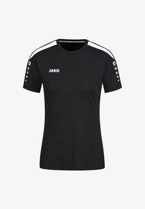 Black short-sleeve sports shirt with white accents on shoulders, featuring a crew neck, a logo on the front, and dot detailing on sleeves.