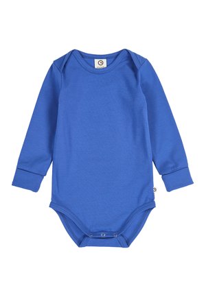 Niebieski body dla niemowląt z długim rękawem, z dekoltem kopertowym i zatrzaskami na dole, wykonane z miękkiej tkaniny.