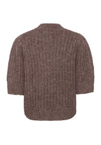 Hnědý žebrovaný svetr s krátkými rukávy, jemná textura, zaoblený lem a minimalistický design, který ukazuje teplý a útulný vzhled.