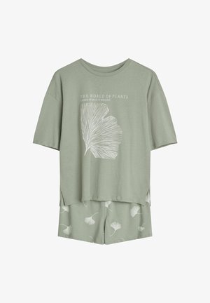 Zielony zestaw odzieży domowej z bawełny, zawierający krótki rękaw z grafiką liścia i napisem oraz dopasowane szorty z wzorem liści.