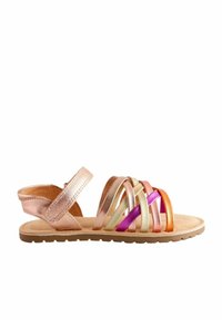 Sandalen met bandjes in metallic roségoud en meerkleurige leren banden. Gewatteerde binnenzool met een tan kleurige zool, verstelbare enkelband.