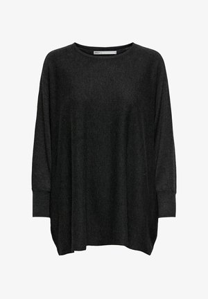 Maglione a maniche lunghe di colore grigio scuro, largo e comodo, con scollo rotondo ampio e polsini a coste, presentato disteso su uno sfondo bianco.