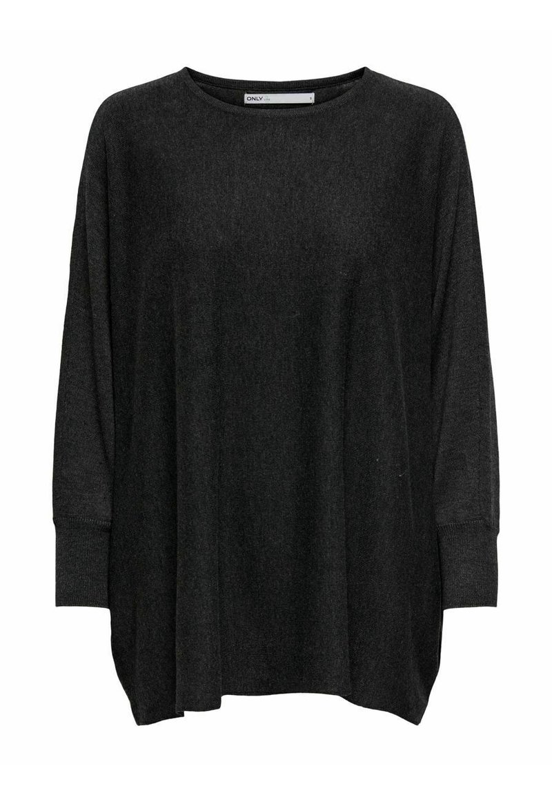 Pull ample gris foncé à manches longues avec un large col rond et des poignets côtelés, présenté à plat sur un fond blanc.