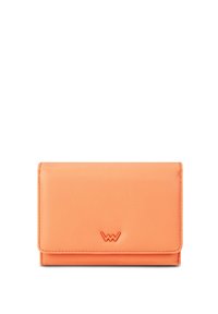 Orange leather wallet with a smooth texture, featuring a fold-over design and embossed logo at the bottom center.