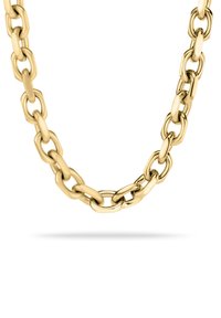 Goldkette mit ovalen und runden Gliedern mit glatter Oberfläche, die in einem wechselnden Muster angeordnet sind, auf einem weißen Hintergrund präsentiert.