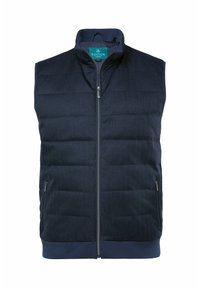 Mörkblå vadderad väst med hög krage, framdragkedja och två sidofickor med dragkedja; har en strukturerad tyg med fiskbensmönster.