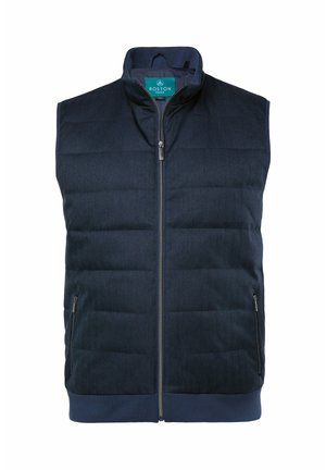 Granatowa kamizelka z ociepleniem, z wysokim kołnierzem, zamek błyskawiczny z przodu i dwoma bocznymi kieszeniami na zamek; wyróżnia się teksturowanym materiałem w deseń w jodełkę.