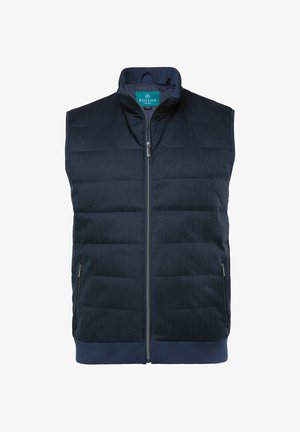 Gilet imbottito blu navy con collo alto, zip frontale e due tasche laterali con zip; presenta un tessuto testurizzato con un motivo a spina di pesce.