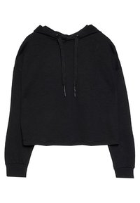 Felpa nera corta con cappuccio regolabile, maniche lunghe e polsini a costine. Tessuto morbido senza motivi o dettagli visibili.