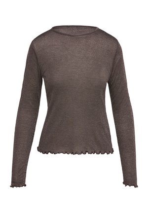 Braunes Langarmoberteil mit rundem Ausschnitt, aus durchscheinendem, strukturiertem Stoff. Der Saum und die Bündchen haben eine gewellte, gewellte Kante.
